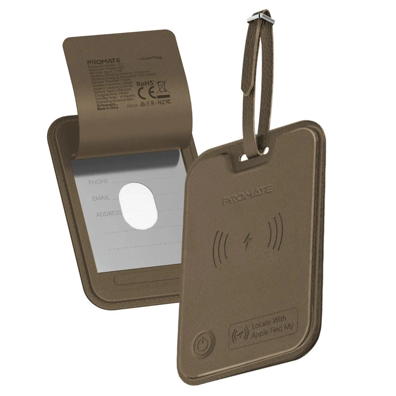 Promate HushTag Anti-Loss Slim Leather Luggage Tag with Smart Tracking (Black, Brown)