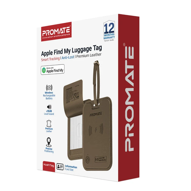 Promate HushTag Anti-Loss Slim Leather Luggage Tag with Smart Tracking (Black, Brown)