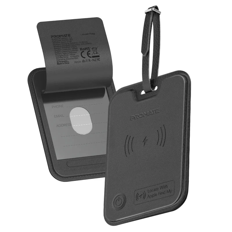 Promate HushTag Anti-Loss Slim Leather Luggage Tag with Smart Tracking (Black, Brown)