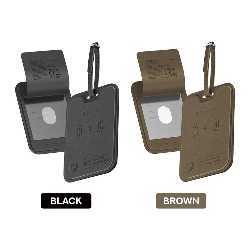 Promate HushTag Anti-Loss Slim Leather Luggage Tag with Smart Tracking (Black, Brown)