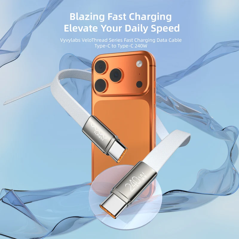Vyvylabs VeloThread Series Fast Charging Data Cable Type-C to Type-C 240W (1M, 2M) (White) (VCQSCC1-WH, VCQSCC2-WH)