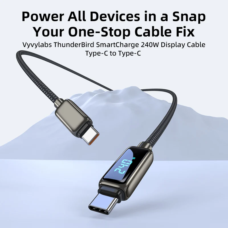 Vyvylabs ThunderBird Smart Charge 240W Display Cable Type-C to Type-C (1M, 2M) (Black) (VCLNCC1-BK-PP, VCLNCC2-BK-PP)