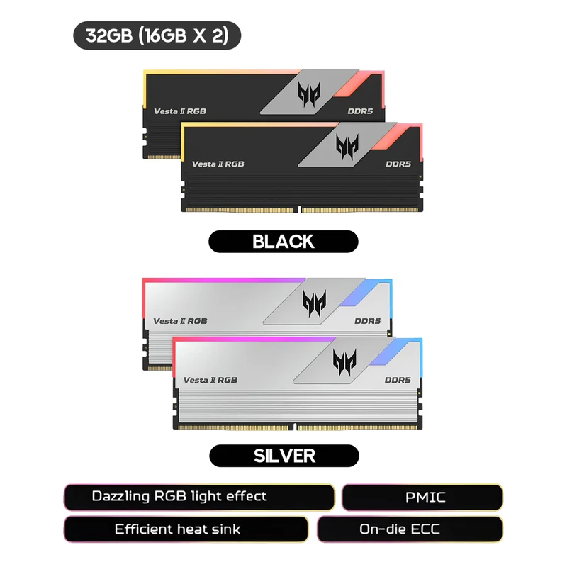 Acer Vesta II 32GB (2x16GB) 6000MHz CL36-45-45-96 AMD EXPO Ready DDR5 UDIMM (Black, Silver) (BL.9BWWR.652, BL.9BWWR.653)