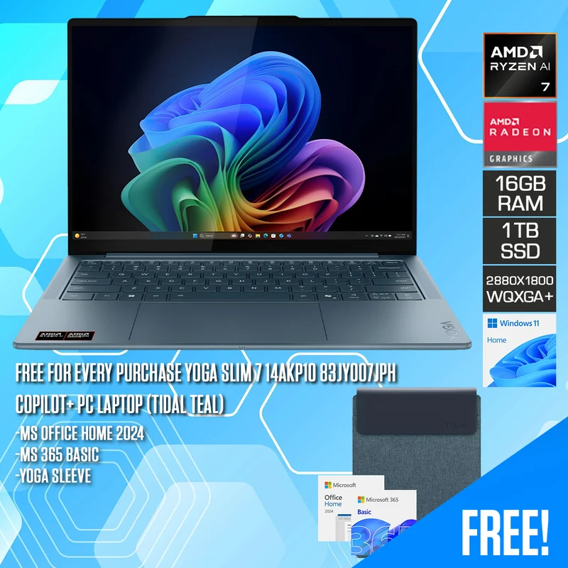 Lenovo Yoga Slim 7 14AKP10 83JY007JPH Copilot+ PC Laptop (Tidal Teal) | 14" 2.8K WQXGA+ (2880x1800) OLED 120Hz | Ryzen AI 7 350 | 16GB RAM | 1TB SSD | AMD Radeon 860M Graphics | Windows 11 Home | MS Office Home 2024 + MS 365 Basic + Yoga Sleeve