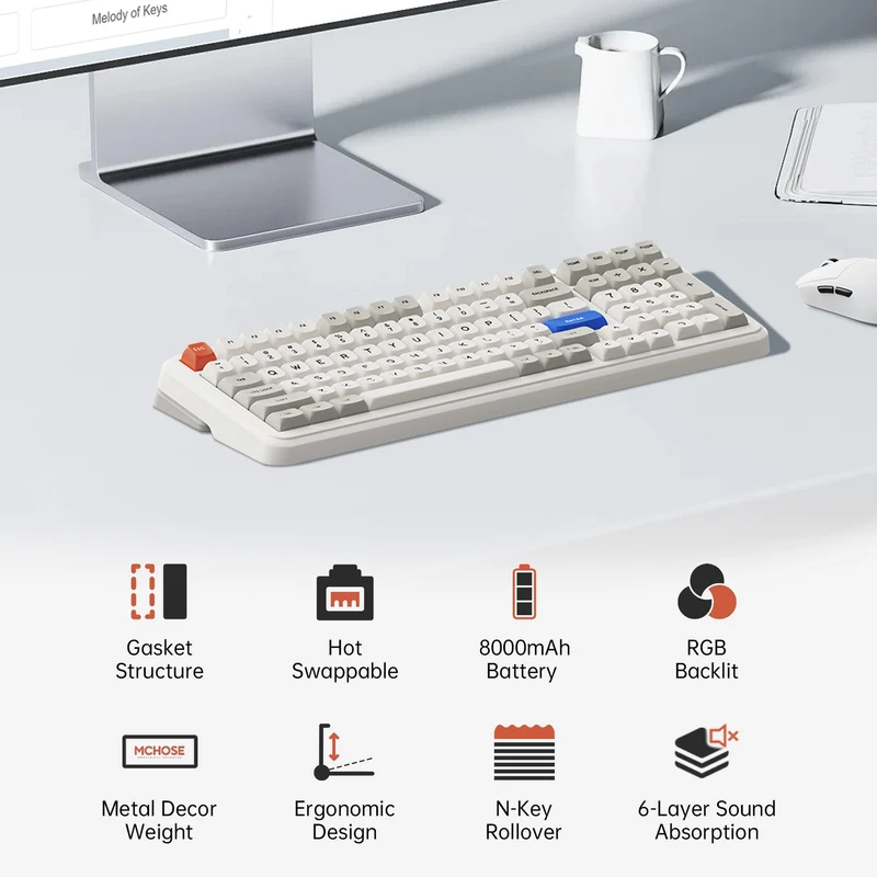 MCHOSE K99 V2 RGB Tri-Mode Hot-Swappable Mechanical Keyboard (Retro White) (Icy Creamsicle Switch)