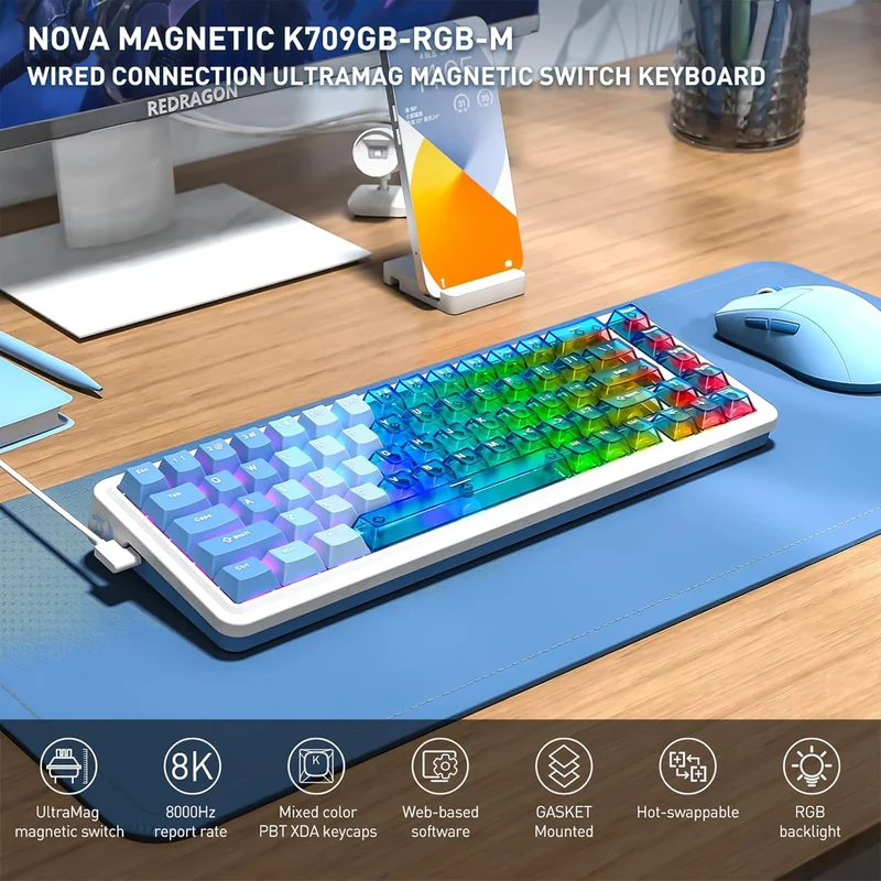 Redragon Nova Magnetic K709 RGB Hot-Swappable Wired 65% Keyboard with Rapid Trigger (UltraMag Magnetic Linear Switch) (White/Blue/Transparent)