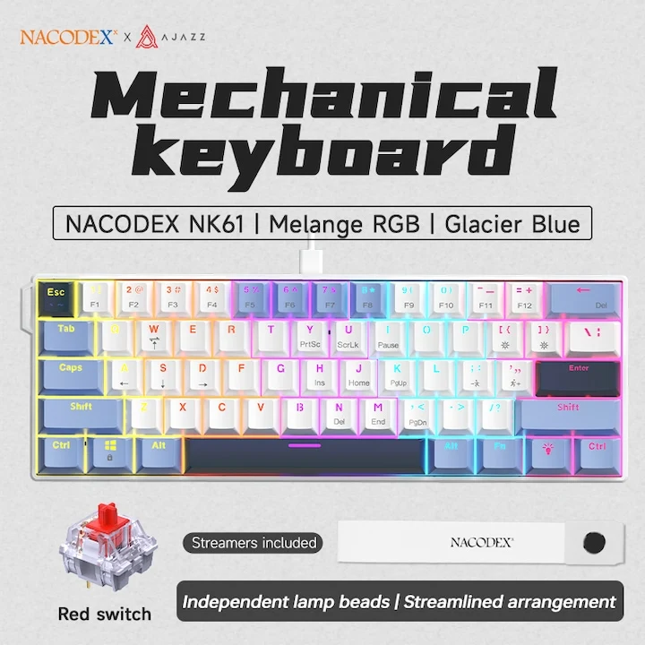 Nacodex x Ajazz NK61 Mixed Light 61 Keys Wired Hot-Swappable Mechanical Keyboard (Blue/White/Blue) (Red Switch)