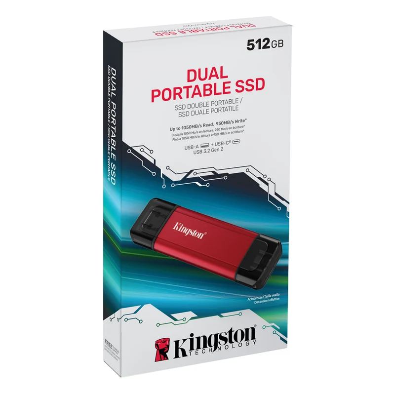 Kingston USB 3.2 Gen 2 1050MB/s Read/950MB/s Write Type-A & Type C Dual Portable SSD (512GB, 1TB, 2TB)