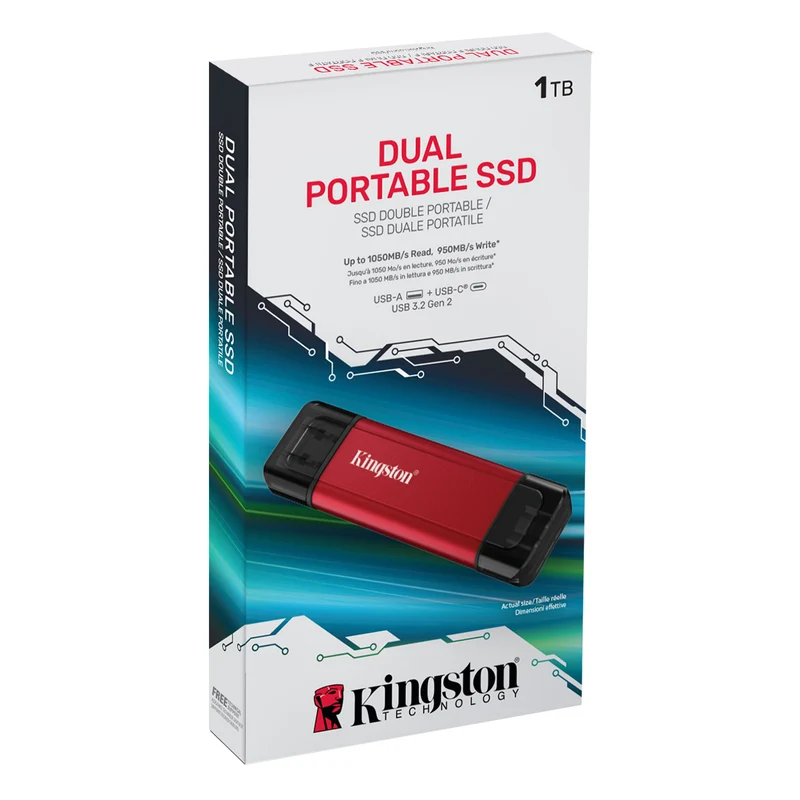 Kingston USB 3.2 Gen 2 1050MB/s Read/950MB/s Write Type-A & Type C Dual Portable SSD (512GB, 1TB, 2TB)