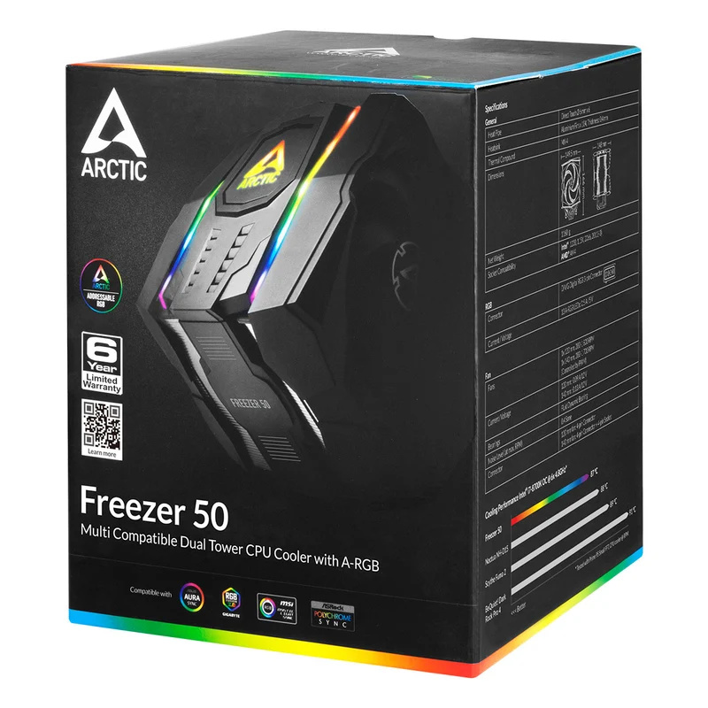 Arctic Freezer 50 Multi Compatible Dual Tower CPU Cooler with A-RGB - LGA1700 Kit included (ACFRE00080A)