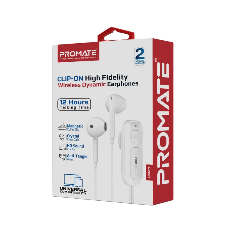 Promate Latch Clip-On High Fidelity Wireless Dynamic Earphones (White)
