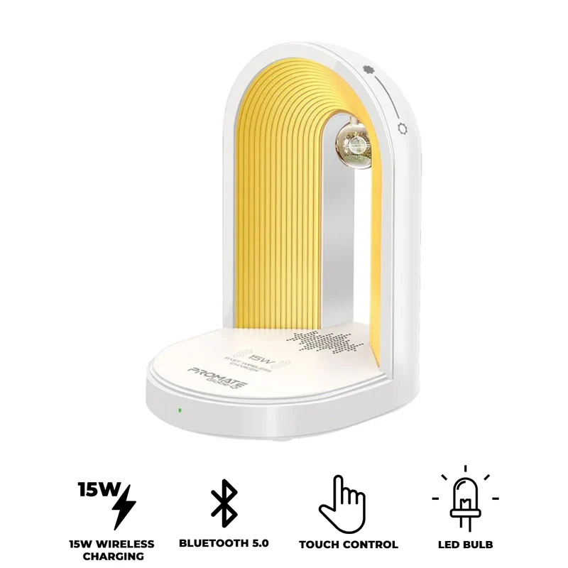 Promate Globe-Qi Multi-Functional LED Lamp Bluetooth Speaker with 15W Wireless Charger