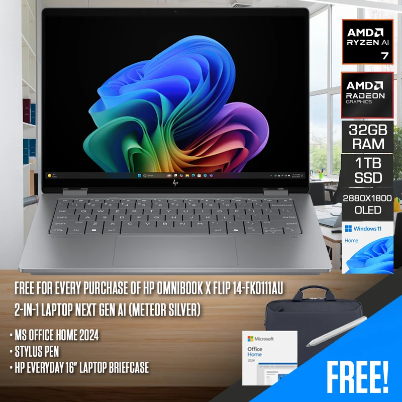 HP OmniBook X Flip 14-fk0111AU 2-in-1 Laptop Next Gen AI (Meteor Silver) | 14" 3K (2880x1800) OLED Touch 120Hz | Ryzen AI 7 350 | 32GB RAM | 1TB SSD | AMD Radeon 860M | Windows 11 Home | MS Office Home 2024 + Stylus Pen + HP Everyday 16" Laptop Briefcase