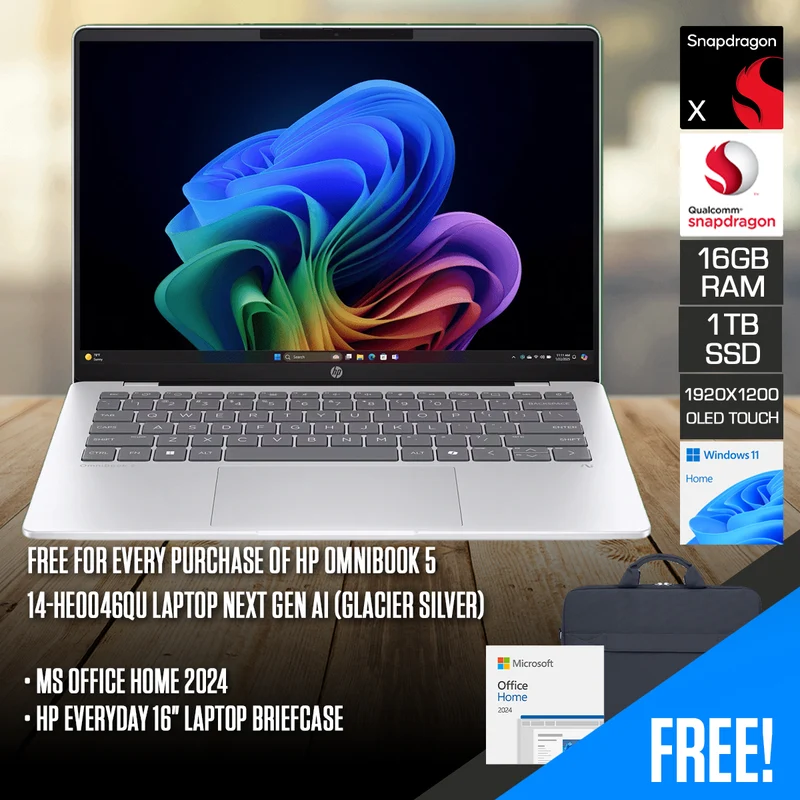 HP OmniBook 5 14-he0046QU Laptop Next Gen AI (Glacier Silver) | 14" 2K (1920x1200) OLED Touch | Snapdragon X X1-26-100 | 16GB RAM | 1TB SSD | Qualcomm Adreno | Windows 11 Home | MS Office Home 2024 + HP Everyday 16" Laptop Briefcase
