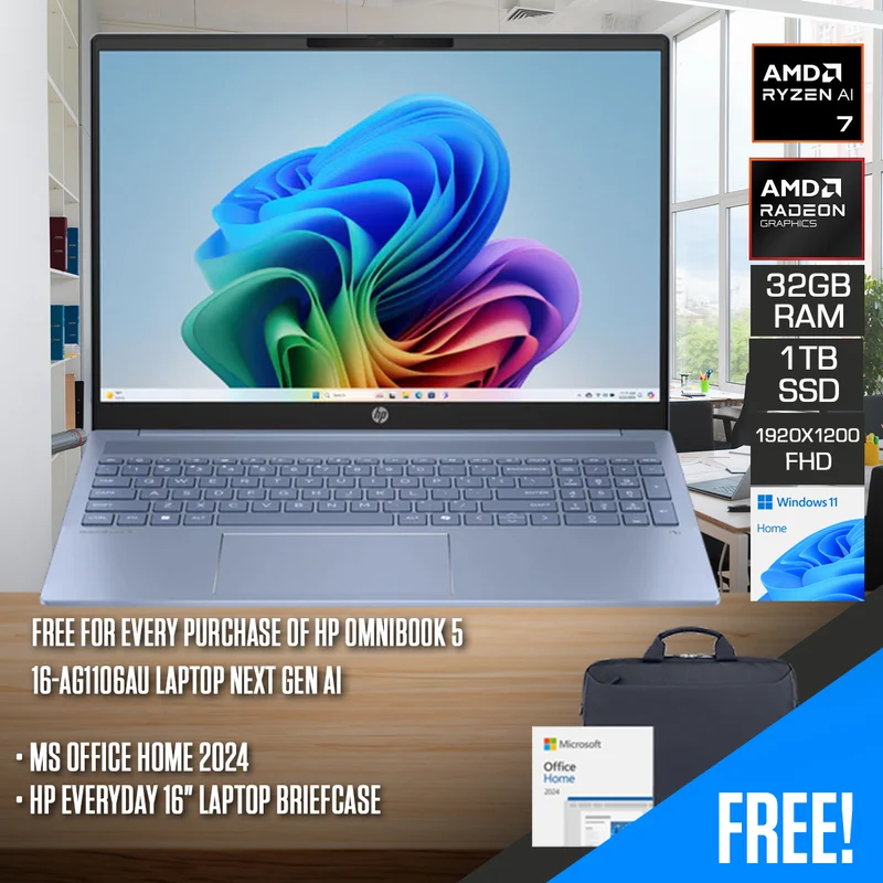 HP OmniBook 5 16-ag1106AU Laptop Next Gen AI (Sky Blue) | 16" 2K (1920x1200) IPS | Ryzen AI 7 350 | 32GB RAM | 1TB SSD | AMD Radeon 860M | Windows 11 Home | MS Office Home 2024 + HP Everyday 16" Laptop Briefcase
