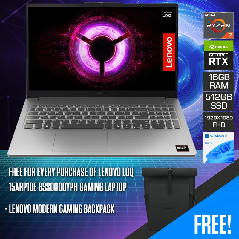 Lenovo LOQ 15ARP10E 83S0000YPH Gaming Laptop (Luna Grey) | 15.6" FHD (1920x1080) IPS 144Hz | Ryzen 7 7735HS | 16GB RAM | 512GB SSD | RTX 4050 | Windows 11 Home + Lenovo Modern Gaming Backpack
