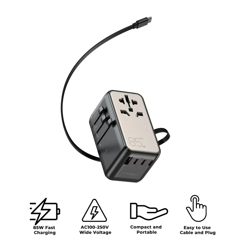 Vyvylabs Explorer Series GaN 4 Ports+AC Fast Charger Travel Adapter 85W A+3C with Type-C Cable (Gold) (GAN85T-GD)