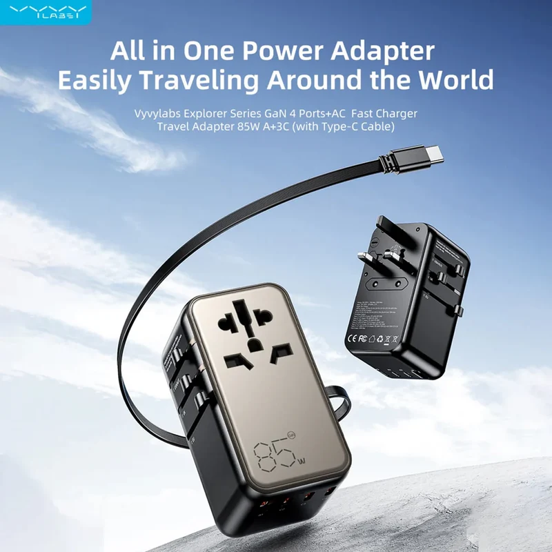 Vyvylabs Explorer Series GaN 4 Ports+AC Fast Charger Travel Adapter 85W A+3C with Type-C Cable (Gold) (GAN85T-GD)