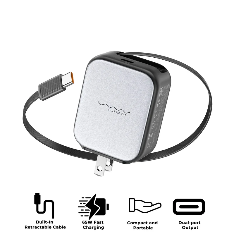 Vyvylabs Swiftshine GaN Fast Charger 65W C with Retractable C Cable (Black) (GANXY65U-BK)