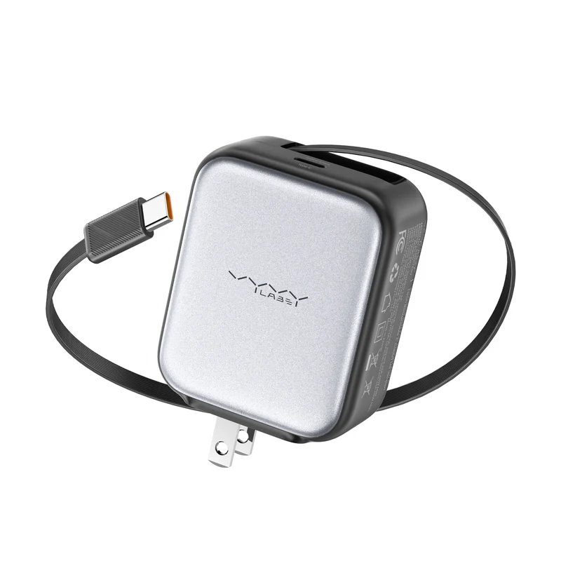Vyvylabs Swiftshine GaN Fast Charger 65W C with Retractable C Cable (Black) (GANXY65U-BK)