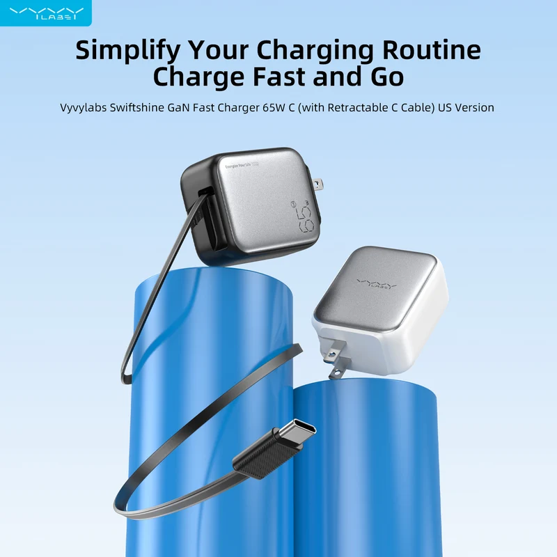 Vyvylabs Swiftshine GaN Fast Charger 65W C with Retractable C Cable (Black) (GANXY65U-BK)