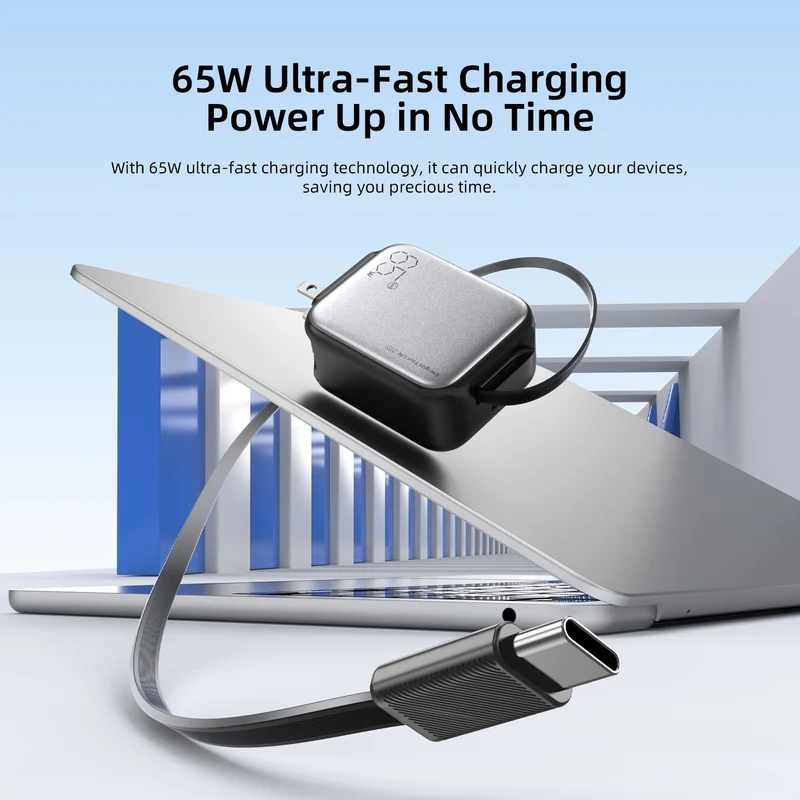 Vyvylabs Swiftshine GaN Fast Charger 65W C with Retractable C Cable (Black) (GANXY65U-BK)