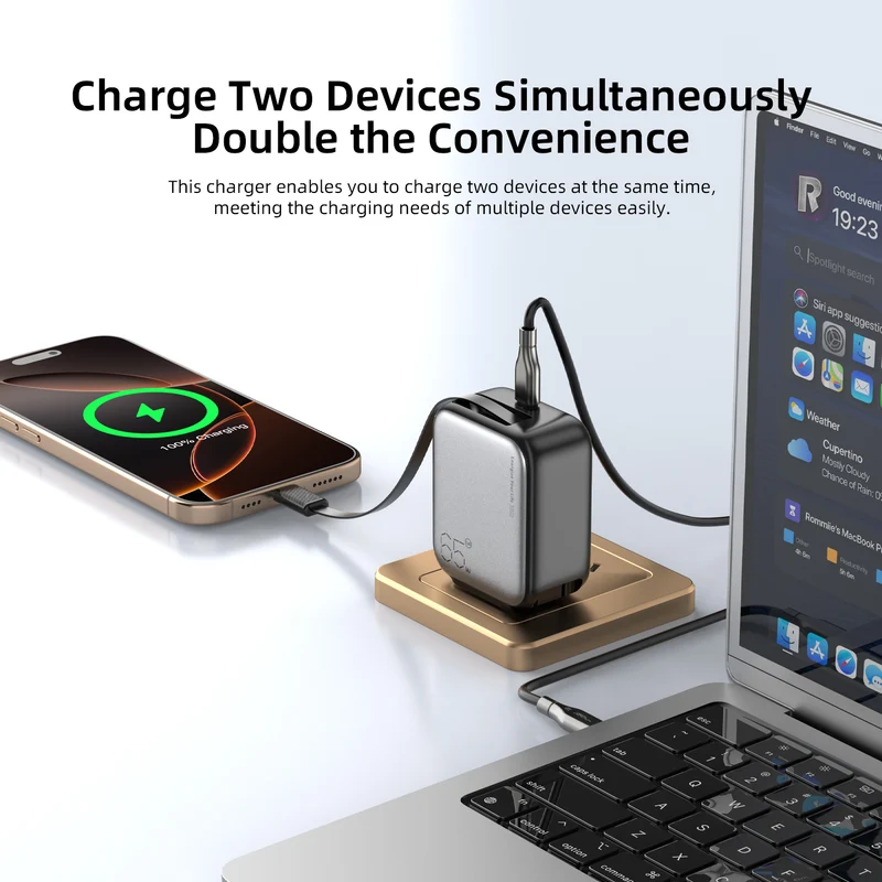 Vyvylabs Swiftshine GaN Fast Charger 65W C with Retractable C Cable (Black) (GANXY65U-BK)