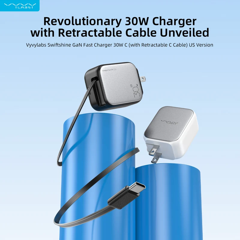 Vyvylabs Swiftshine GaN Fast Charger 30W C with Retractable C Cable (Black) (GANXY30U-BK)