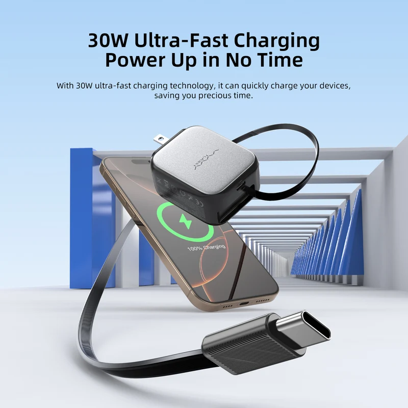 Vyvylabs Swiftshine GaN Fast Charger 30W C with Retractable C Cable (Black) (GANXY30U-BK)