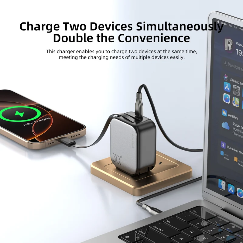 Vyvylabs Swiftshine GaN Fast Charger 30W C with Retractable C Cable (Black) (GANXY30U-BK)