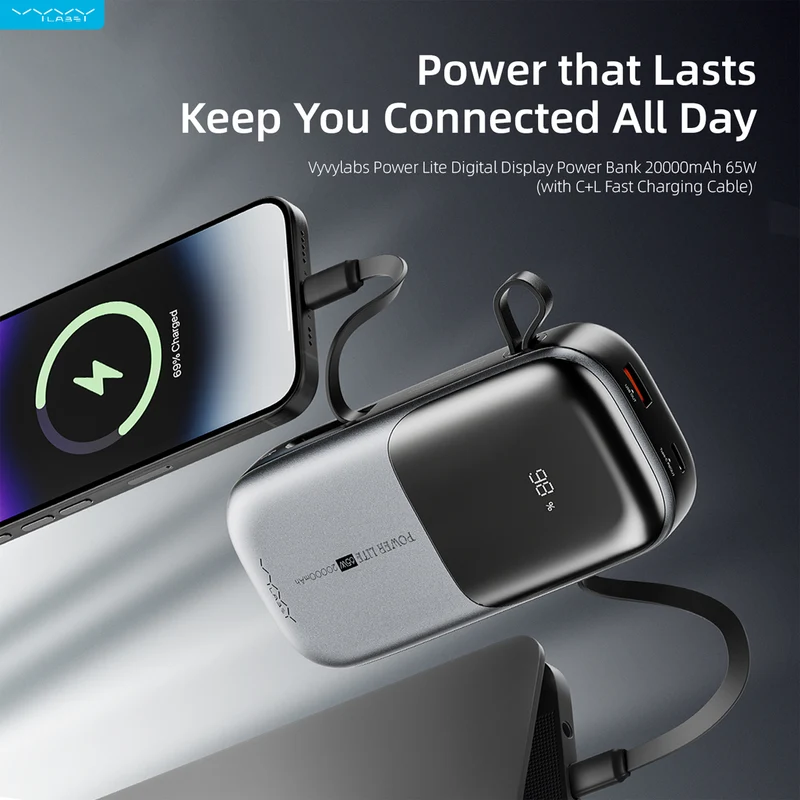 Vyvylabs Power Lite Digital Display Power Bank 20000mAh 65W with C+L Fast Charging Cable (Tarnish) (VBQ08-TN)