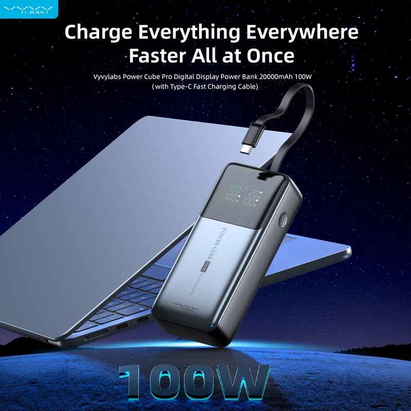 Vyvylabs Power Cube Pro Digital Display Power Bank 20000mAh 100W with Type-C Fast Charging Cable (Tarnish) (VBQ10-TN)