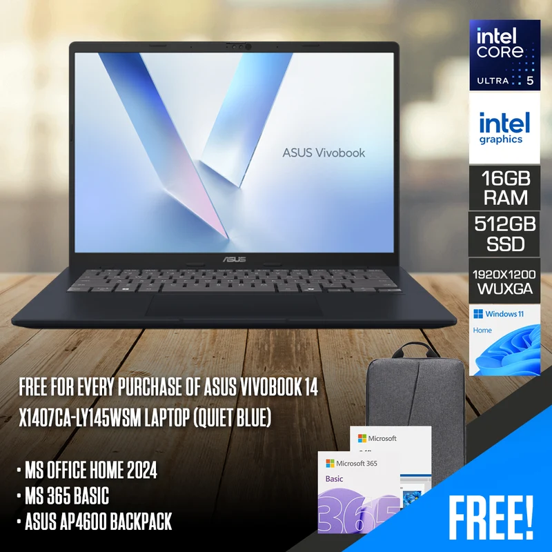 ASUS Vivobook 14 X1407CA-LY145WSM Laptop (Quiet Blue) | 14" WUXGA (1920x1200) IPS | Core Ultra 5 225H | 16GB RAM | 512GB SSD | Intel Graphics | Windows 11 Home | MS Office Home 2024 + MS 365 Basic + ASUS AP4600 Backpack