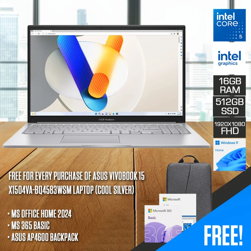 ASUS Vivobook 15 X1504VA-BQ4583WSM Laptop (Cool Silver) | 15.6" FHD (1920x1080) IPS | Core 5-120U | 16GB RAM | 512GB SSD | Intel Graphics | Windows 11 Home | MS Office Home 2024 + MS 365 Basic + ASUS AP4600 Backpack