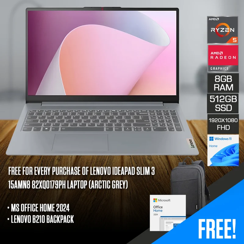 Lenovo IdeaPad Slim 3 15AMN8 82XQ0179PH Laptop (Arctic Grey) | 15.6" FHD (1920x1080) TN | Ryzen 5 7520U | 8GB RAM | 512GB SSD | AMD Radeon 610M Graphics | Windows 11 Home | MS Office Home 2024 + Lenovo B210 Backpack