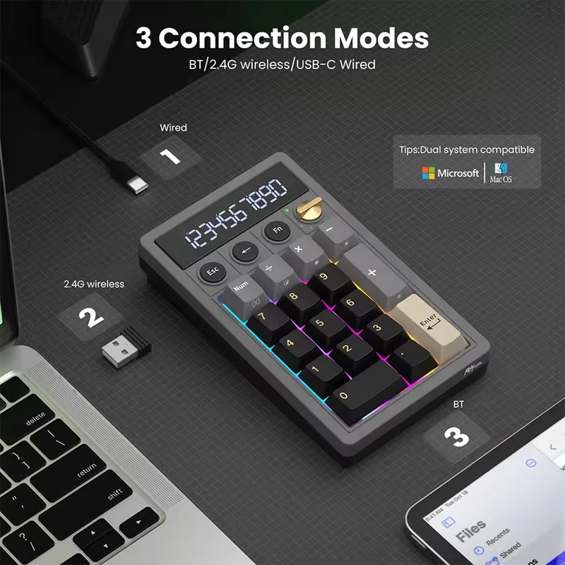 Royal Kludge M20 Tri-Mode RGB 2-in-1 Numeric KeyPad & Calculator Phantom (Cream Switch, Violet Switch)