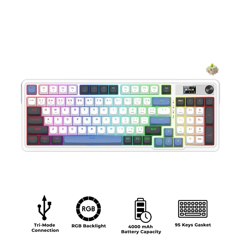Redragon Galatin Pro K719 RGB Tri-Mode with LCD Screen Gasket Mounted Mechanical Keyboard (Linear Mint Mambo Switch) (White/Grey/Blue)