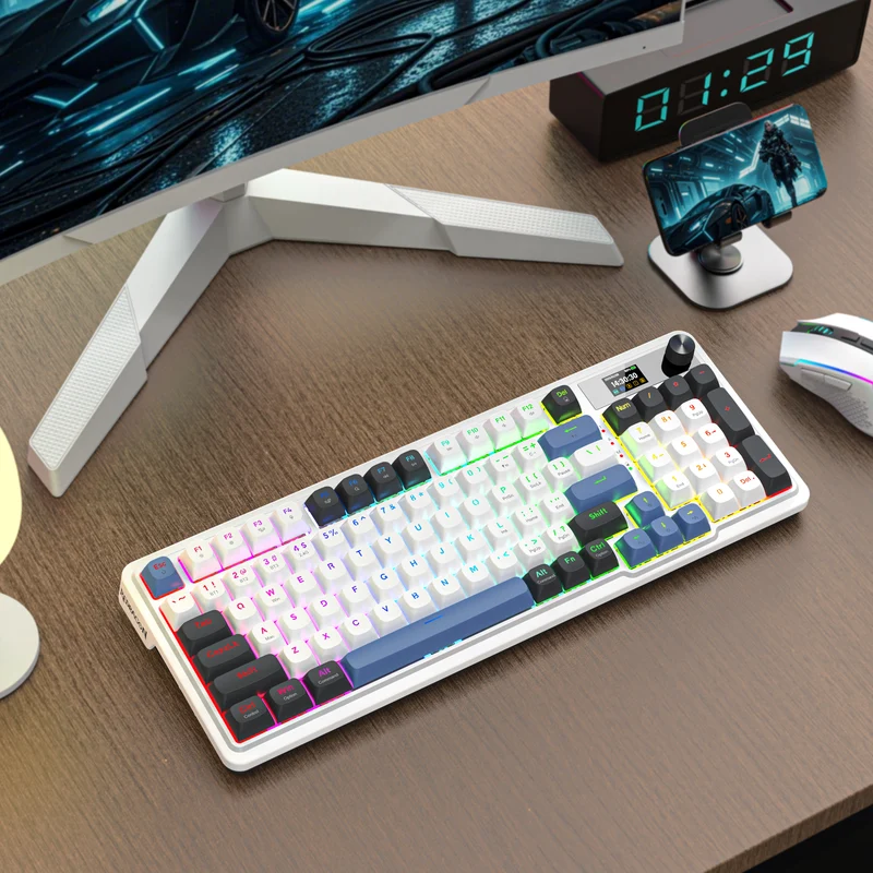 Redragon Galatin Pro K719 RGB Tri-Mode with LCD Screen Gasket Mounted Mechanical Keyboard (Linear Mint Mambo Switch) (White/Grey/Blue)