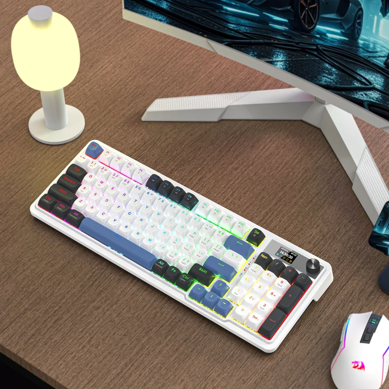 Redragon Galatin Pro K719 RGB Tri-Mode with LCD Screen Gasket Mounted Mechanical Keyboard (Linear Mint Mambo Switch) (White/Grey/Blue)