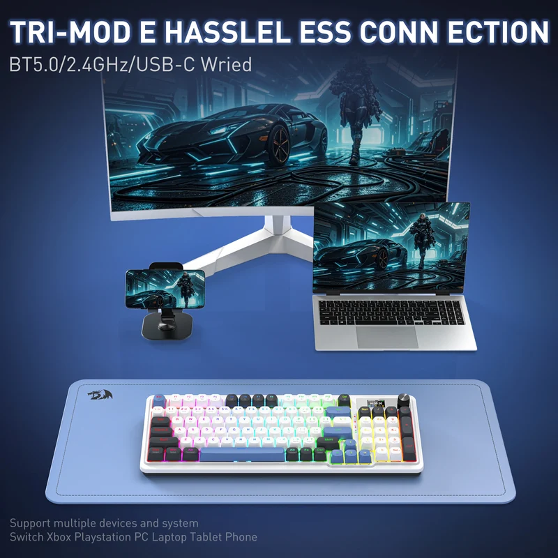 Redragon Galatin Pro K719 RGB Tri-Mode with LCD Screen Gasket Mounted Mechanical Keyboard (Linear Mint Mambo Switch) (White/Grey/Blue)