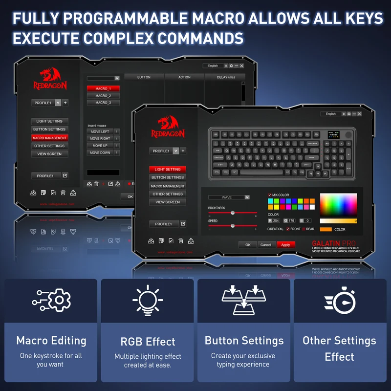 Redragon Galatin Pro K719 RGB Tri-Mode with LCD Screen Gasket Mounted Mechanical Keyboard (Linear Mint Mambo Switch) (White/Grey/Blue)