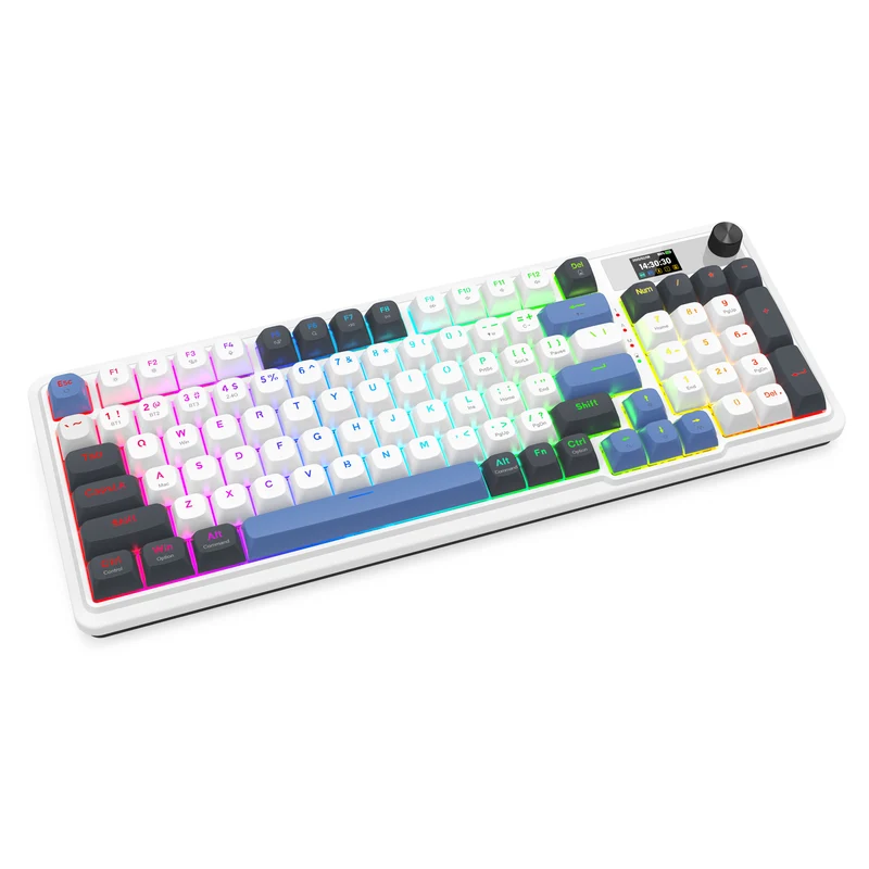Redragon Galatin Pro K719 RGB Tri-Mode with LCD Screen Gasket Mounted Mechanical Keyboard (Linear Mint Mambo Switch) (White/Grey/Blue)