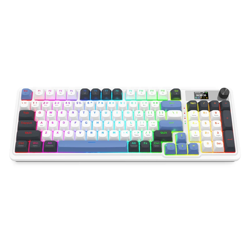 Redragon Galatin Pro K719 RGB Tri-Mode with LCD Screen Gasket Mounted Mechanical Keyboard (Linear Mint Mambo Switch) (White/Grey/Blue)