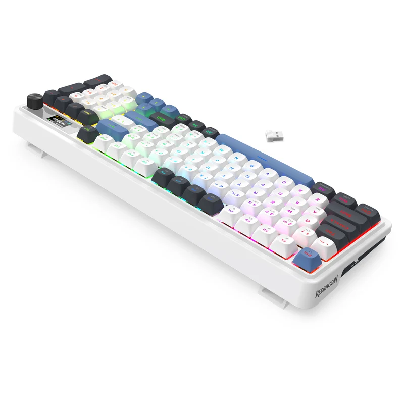 Redragon Galatin Pro K719 RGB Tri-Mode with LCD Screen Gasket Mounted Mechanical Keyboard (Linear Mint Mambo Switch) (White/Grey/Blue)