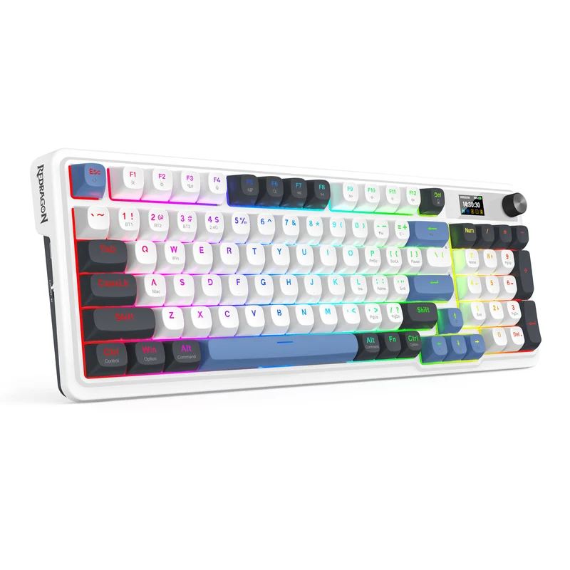 Redragon Galatin Pro K719 RGB Tri-Mode with LCD Screen Gasket Mounted Mechanical Keyboard (Linear Mint Mambo Switch) (White/Grey/Blue)