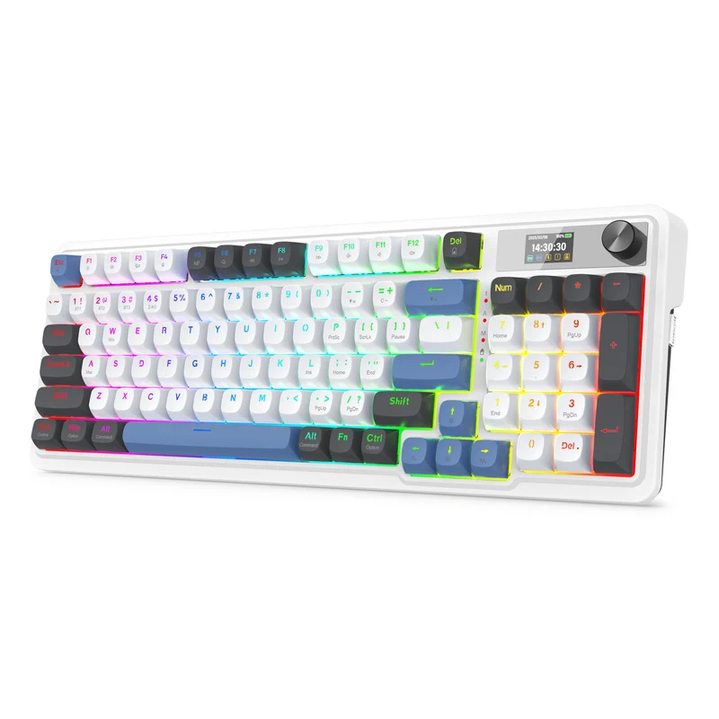 Redragon Galatin Pro K719 RGB Tri-Mode with LCD Screen Gasket Mounted Mechanical Keyboard (Linear Mint Mambo Switch) (White/Grey/Blue)