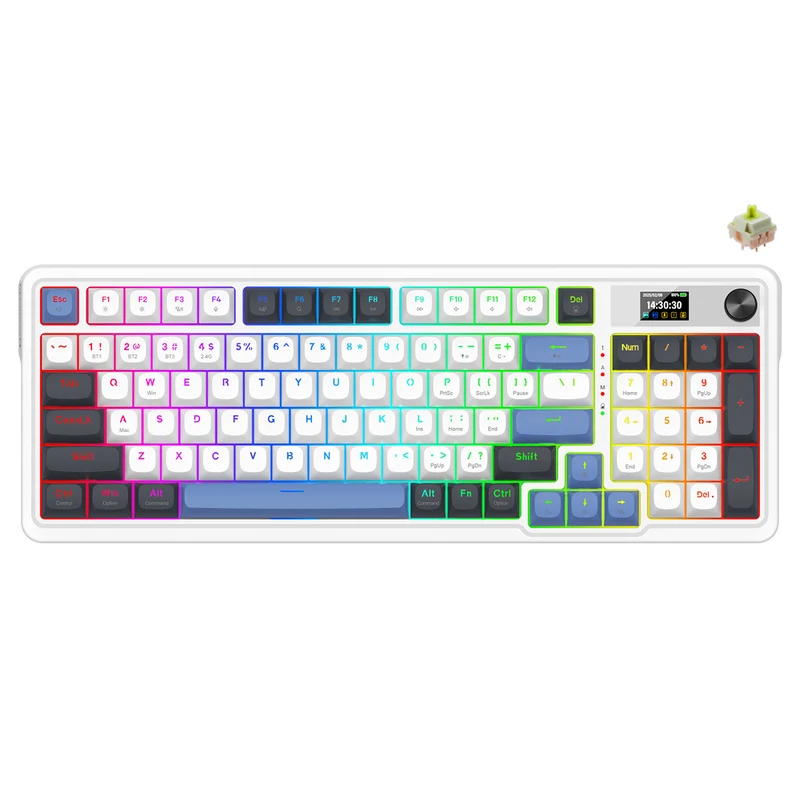 Redragon Galatin Pro K719 RGB Tri-Mode with LCD Screen Gasket Mounted Mechanical Keyboard (Linear Mint Mambo Switch) (White/Grey/Blue)