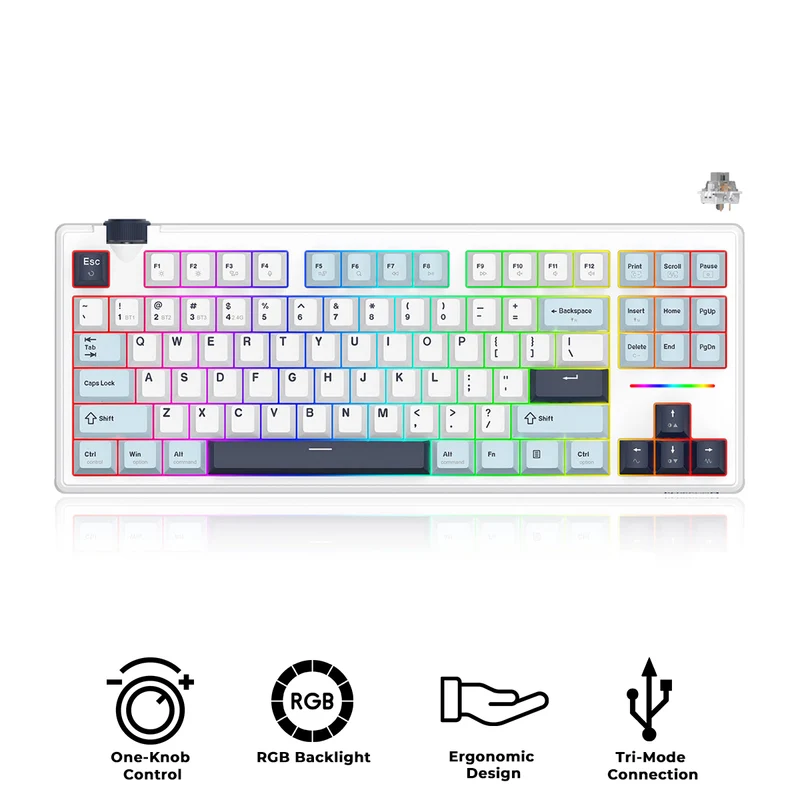 Redragon Cyclone Pro K716 RGB Hot-Swappable Gasket Mounted TKL Horizontal Knob Mechanical Keyboard (RPC Linear Switch) (White/Light Blue/Dark Blue)