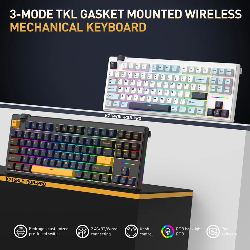 Redragon Cyclone Pro K716 RGB Hot-Swappable Gasket Mounted TKL Horizontal Knob Mechanical Keyboard (RPC Linear Switch) (White/Light Blue/Dark Blue)