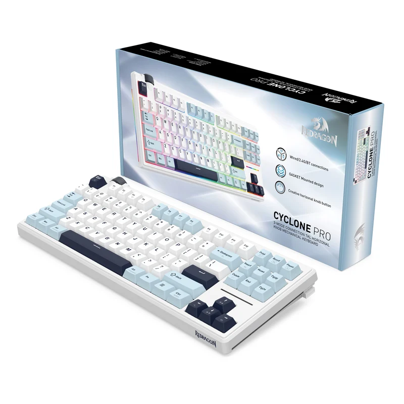 Redragon Cyclone Pro K716 RGB Hot-Swappable Gasket Mounted TKL Horizontal Knob Mechanical Keyboard (RPC Linear Switch) (White/Light Blue/Dark Blue)